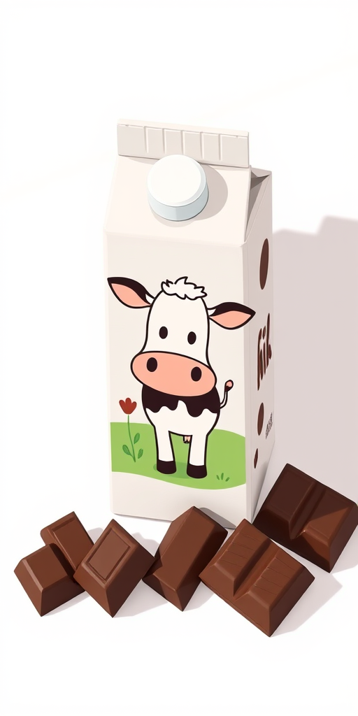 A cartoon-style illustration of a milk carton with a cow on the label beside several pieces of chocolate, captured with a Canon EOS 5D Mark IV, 50mm lens, f/1.8 aperture, ISO 100, soft lighting, top-down view for enhanced clarity and detail.
