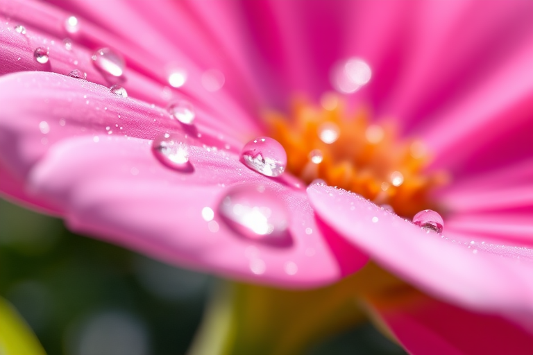 close-up shot of pink flower petals with water droplets illuminated by sunlight, shallow depth of field, f/2.8 aperture, ISO 100, 1/500 sec shutter speed, macro lens, soft bokeh background, natural lighting