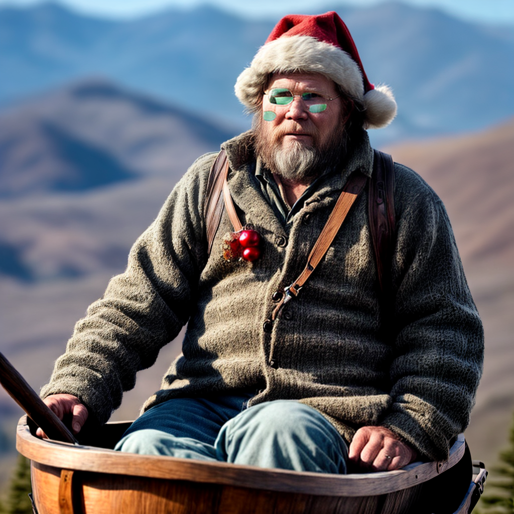 A mountain man from the movie deliverance with a Snat cap on in a sleigh with Ned Beatty saying ho ho ho