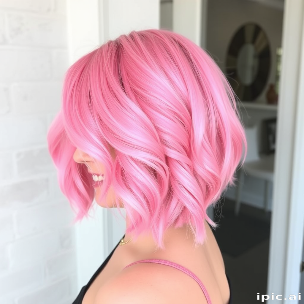 Playful bubblegum pink bob dubbed "Cotton Candy Crush" with blunt cut ends, pastel pink base with darker rose accents, textured waves throughout, side-swept bangs blending seamlessly, whimsical and fun appearance