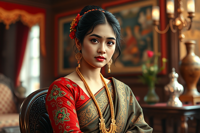 A beautiful Bangladeshi woman in traditional East Asian attire, intricately detailed with embroidered patterns, sitting gracefully in a richly decorated room, soft ambient lighting, serene and elegant, ultra-realistic, 8K resolution
