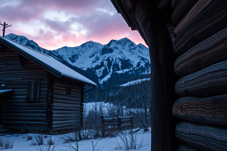 regenerate an image of a rustic wooden cabin corner with a snow-covered mountain backdrop during twilight, captured with a Canon EOS R5 using a 50mm lens, aperture f/2.8, ISO 100, and a low angle view to enhance depth and focus on the cabin texture
