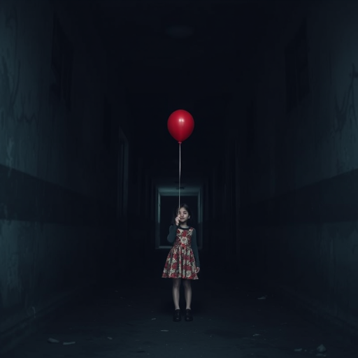 Create a high-resolution image of a dark, abandoned corridor with a girl holding a red balloon in the center, using a Canon EOS R5 camera, 50mm lens, f/1.8 aperture, ISO 100, 1/125 sec shutter speed, with a shallow depth of field to enhance focus on the subject and a cinematic style.