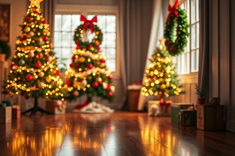 Create a cozy Christmas scene featuring a wooden floor with reflections a beautifully decorated room with two Christmas trees adorned with colorful ornaments and a festive wreath hanging on a window with soft bokeh lights in the background