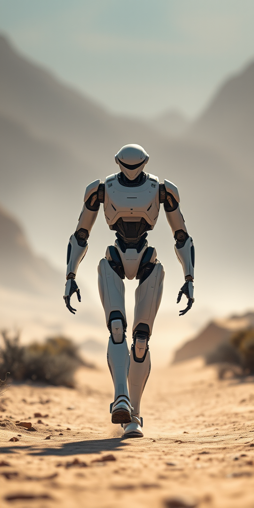 A futuristic humanoid robot in a desert landscape walking towards the viewer, captured with a Canon EOS R5, 50mm lens, f/1.8 aperture, ISO 200, with a shallow depth of field and soft sunlight filtering through the misty background for enhanced clarity and detail.