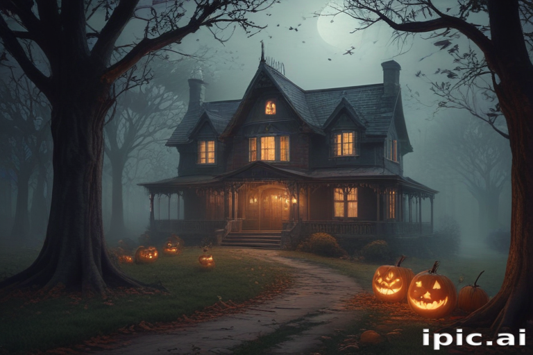 Spooky Halloween Night: A Haunted House Surrounded by Glowing Pumpkins