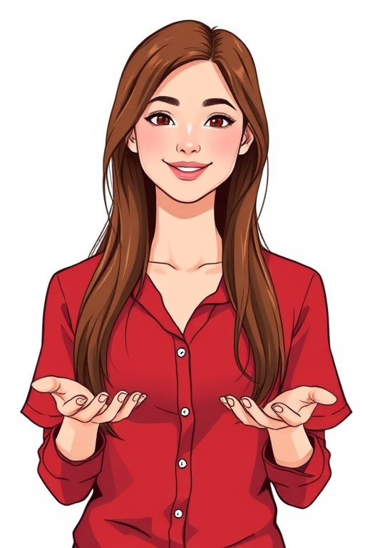 Create an illustration of a woman with long brown hair, wearing a red shirt, gesturing with both arms in a friendly manner, using a 50mm lens, f/1.8 aperture, natural lighting, and shot from an eye-level perspective to enhance image quality.