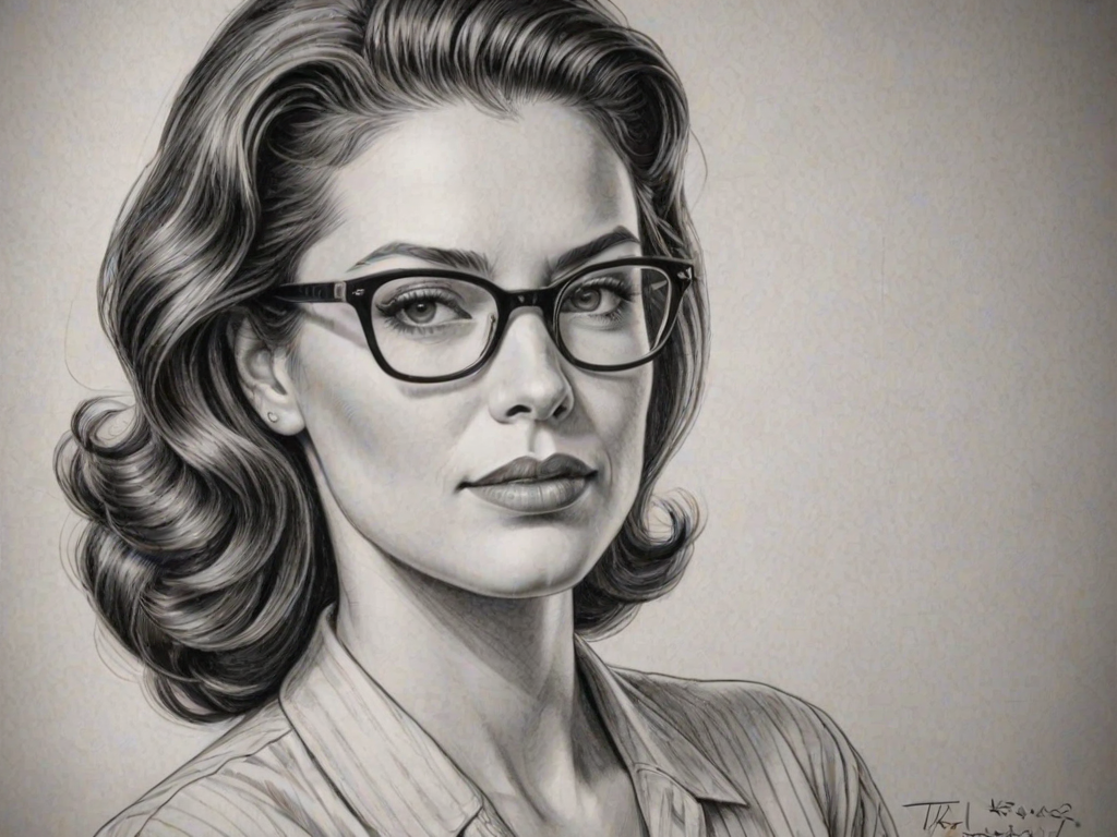 Radiant Alana De La Garza, pencil sketch, portrait of Fascinating woman 1947s in glasses, hair style beatnik, outline, clear lines, fine lines, 8k