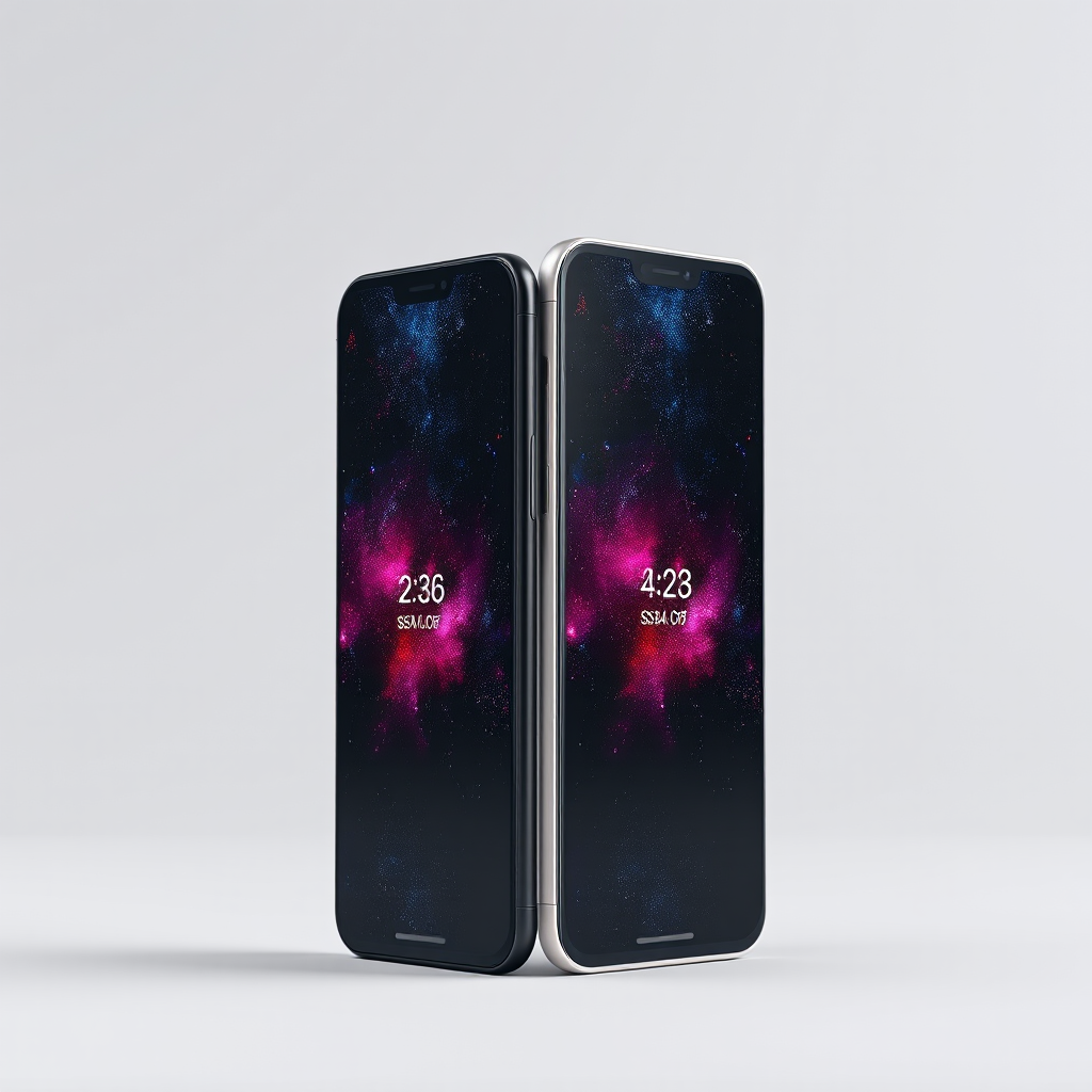 Create a high-resolution image of a sleek black and white smartphone standing back-to-back with a vibrant galaxy wallpaper on the screens, using a DSLR camera with a 50mm lens, aperture set to f/2.8 for a shallow depth of field, ISO 100, and a 1/200s shutter speed, shot from a slightly elevated angle to emphasize the design.