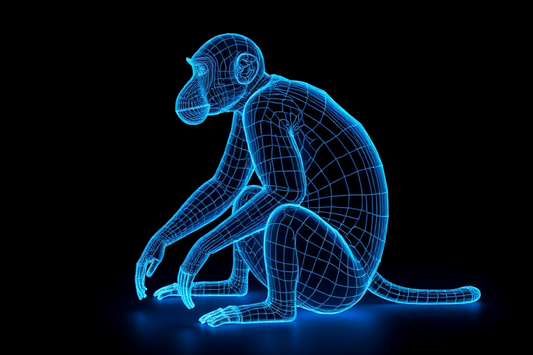 Create a 3D wireframe model of a monkey sitting in a dark environment with a blue glowing outline, camera settings: ISO 100, f/8, shutter speed 1/60s, camera view: side angle, camera style: photorealistic, camera type: DSLR.