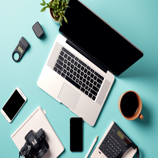 minimalistic workspace setup with a laptop, smartphones, a calculator, a cup, and stationery on a teal background, digital camera, aperture f/4, shutter speed 1/60s, ISO 100, top-down view, high resolution
