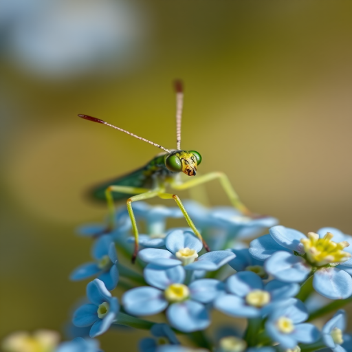 Capture a close-up macro photograph of a green lacewing on delicate blue flowers, using a Canon EOS R5 with a 100mm macro lens at f/2.8, ISO 100, shutter speed 1/200 sec, natural soft lighting, and a shallow depth of field to enhance details and create a dreamy background bokeh.