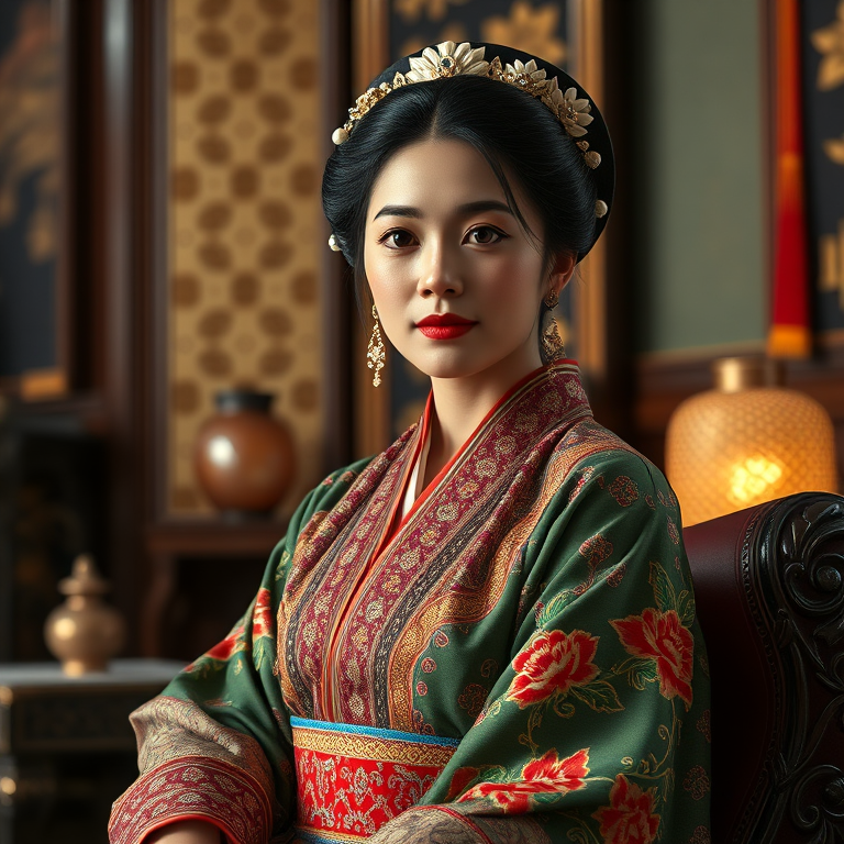 A beautiful Ashkenazi woman in traditional East Asian attire, intricately detailed with embroidered patterns, sitting gracefully in a richly decorated room, soft ambient lighting, serene and elegant, ultra-realistic, 8K resolution