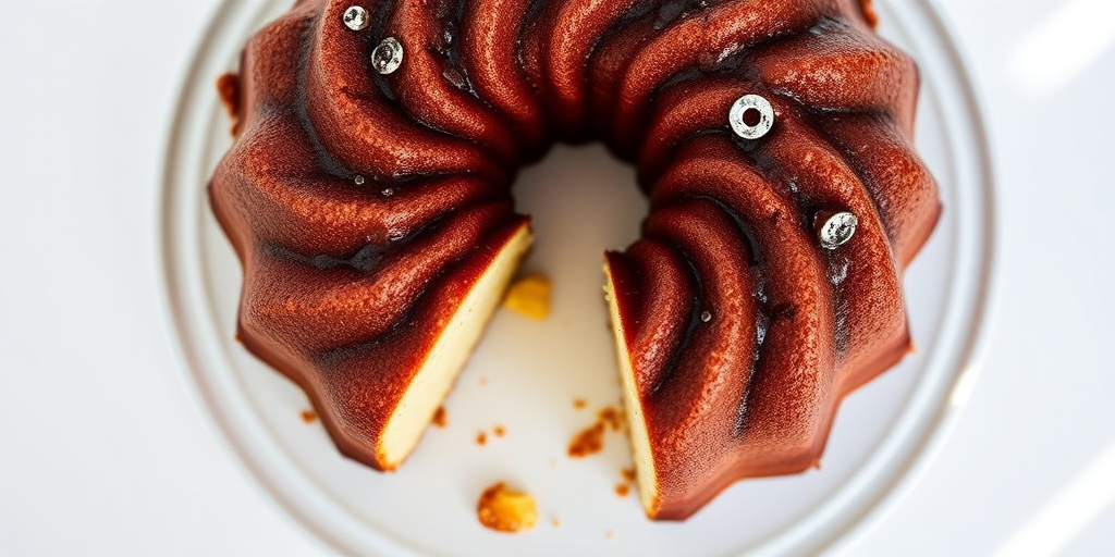 a freshly baked bundt cake on a white plate with a slice removed, shot in natural light, top view, aperture f/2.8, shutter speed 1/60s, ISO 200, DSLR with a 50mm lens