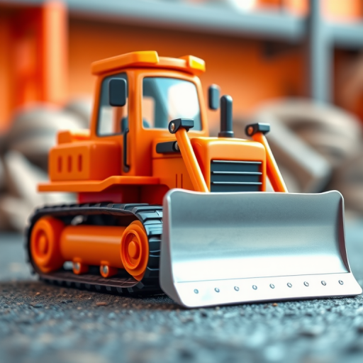 create a high-resolution, 3D-rendered image of a cartoon bulldozer with a bright orange body and a silver blade, captured from a low angle using a DSLR camera, aperture set to f/2.8 for a shallow depth of field, ISO 100 for minimal noise, and a focal length of 35mm to ensure a detailed and vibrant representation of the bulldozer against a soft blurred background
