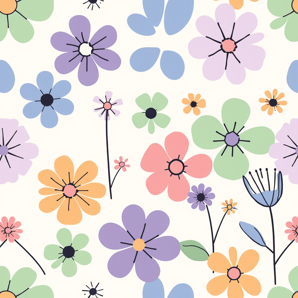 Create a seamless pattern featuring various stylized flowers in soft pastel colors such as purple blue green pink and orange with thin black outlines on a light beige background