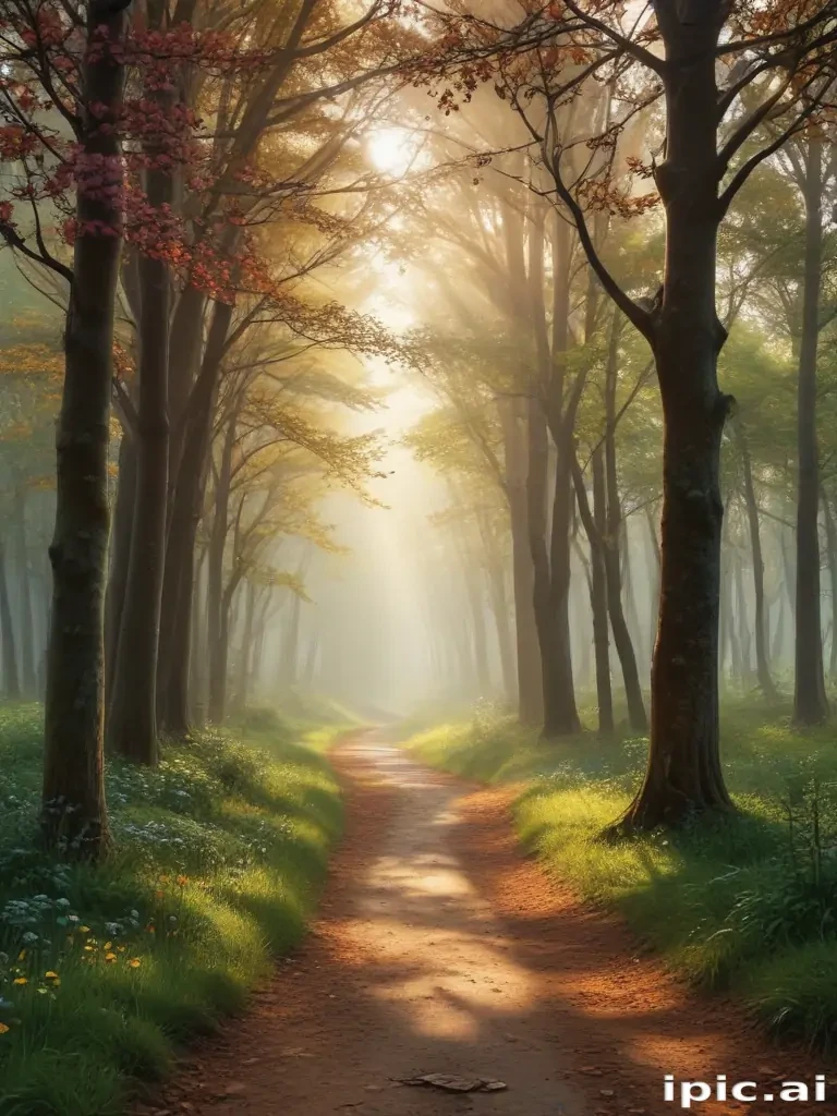 Sunlight Filtering Through Trees in a Serene Forest Pathway at Dawn