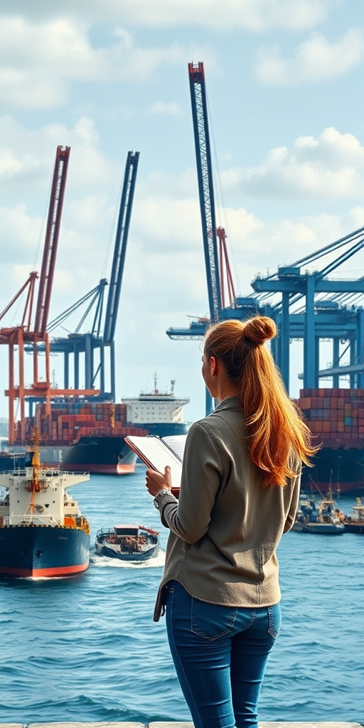 Bustling harbor with towering cranes, ships being loaded with cargo, a woman stands on the pier, a notebook in hand as she sketches the industrial scene in front of her.