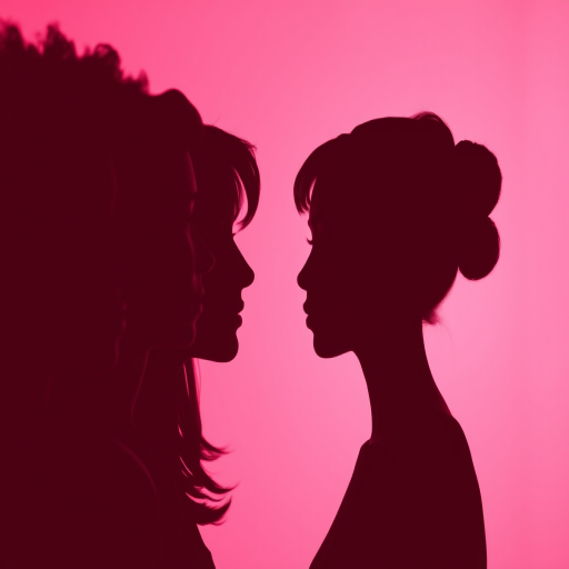 silhouette of diverse human faces in profile against a soft pink background, vibrant colors with layered depth, DSLR camera, 50mm lens, f/1.8 aperture, ISO 100, soft focus effect, side view composition, high-resolution image