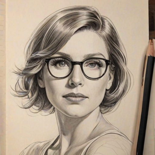 Radiant June Diane Raphael, pencil sketch, portrait of Graceful woman 1922s in glasses, hair style beatnik, outline, clear lines, fine lines, 8k