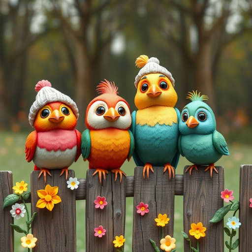 create a scene of 4 quirky  whimsical colourful comical birds each with a funny expression. they are sat on a wooden fence with colourful flowers. they are all different sizes. each one is a different colour  one is wearing a woolly hat. Each one has a different quirky google expression and there is a muted background of trees watercolour paintierly style high definition 8k resolution 3D paper mache