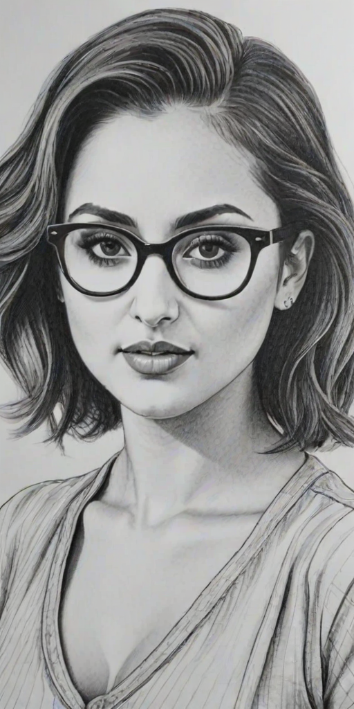 Superb Francia Raisa, pencil sketch, portrait of Appealing woman 1935s in glasses, hair style beatnik, outline, clear lines, fine lines, 8k