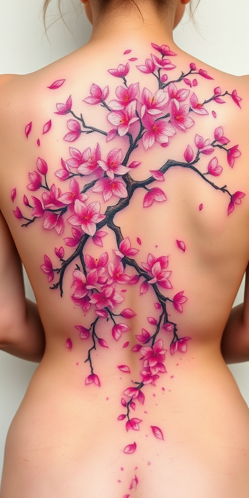 Vibrant watercolor tattoo of a blooming cherry blossom tree stretching across the back, petals floating down to lower back, soft pink and lavender hues blending seamlessly