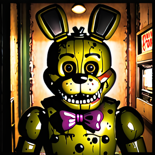 Springtrap from FNaF in a Dark Room of a abandoned pizzeria.