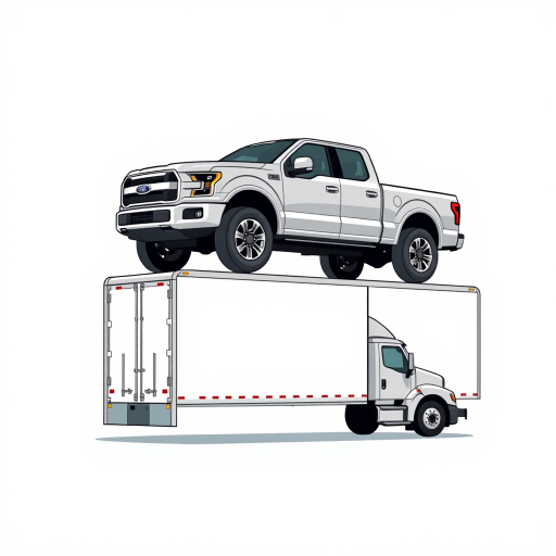 Create a high-resolution illustration of a pickup truck above a semi-truck with a blank trailer, using a digital camera settings of f/8 aperture, ISO 100, 1/125s shutter speed, taken from a low angle wide shot for a clear perspective, with a flat illustration style in vector graphics.