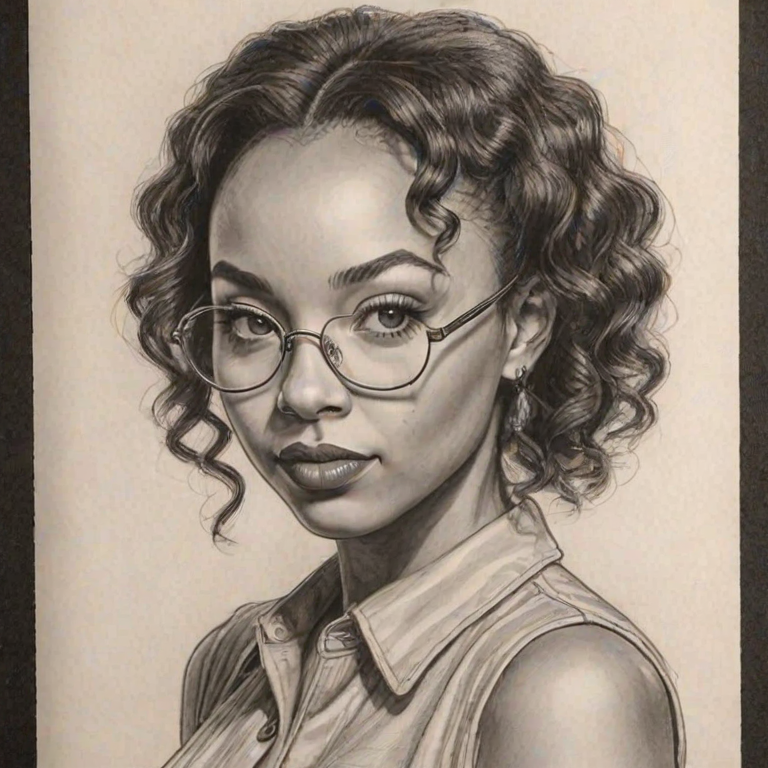 Exquisite Logan Browning, pencil sketch, portrait of Superb woman 1938s in glasses, hair style beatnik, outline, clear lines, fine lines, 8k
