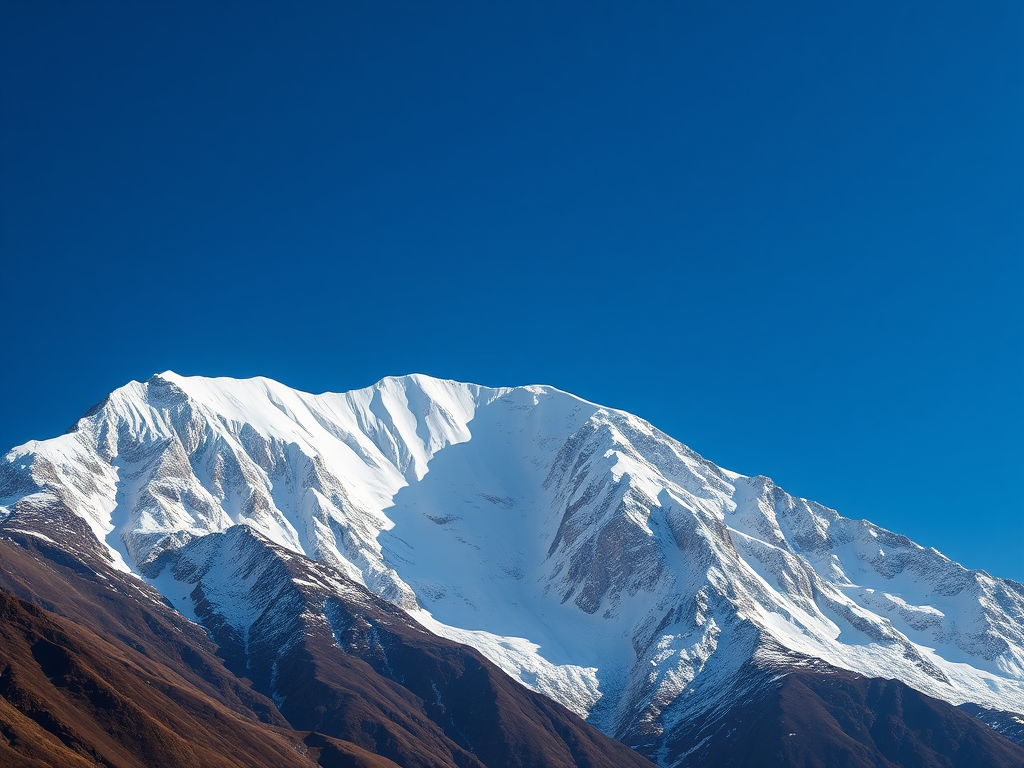 high-resolution image of a majestic snow-capped mountain under a clear blue sky, 50mm lens, f/8 aperture, ISO 100, shot with a DSLR camera from a low angle to emphasize height and grandeur