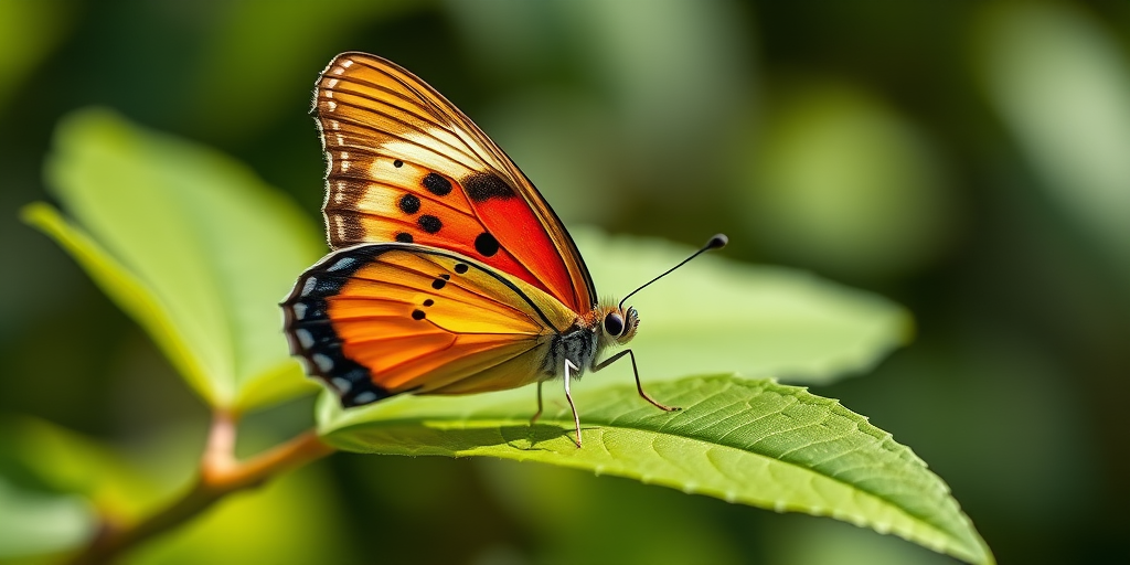 Capture a close-up of a vibrant butterfly resting on a green leaf with a shallow depth of field, using a Canon EOS R5 with a 100mm macro lens, aperture set to f/2.8, ISO 200, shutter speed at 1/200 sec, natural lighting for enhanced color detail.