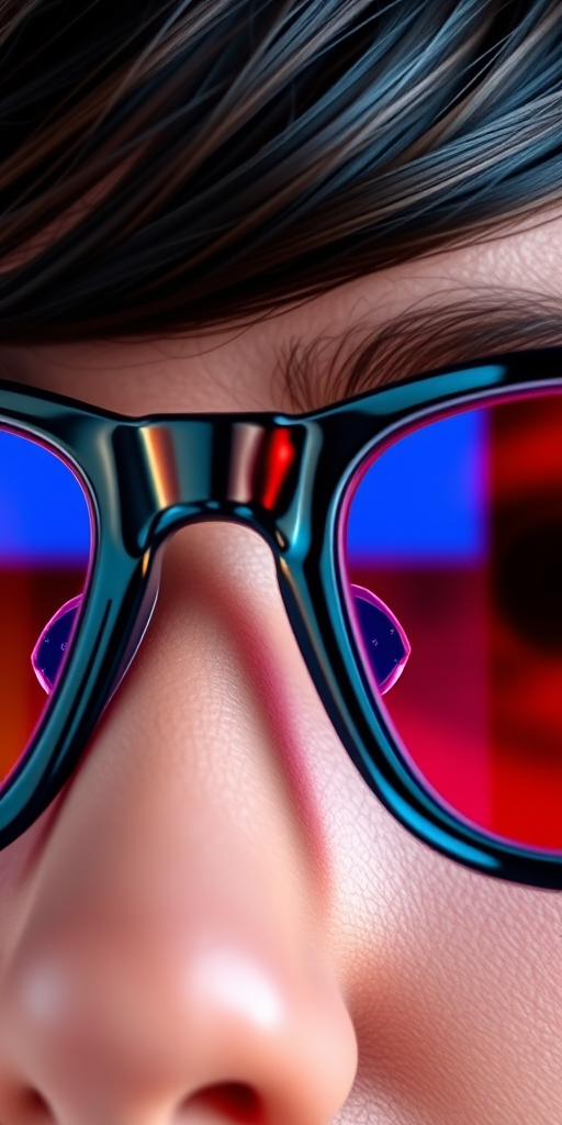 Create an image of 3D glasses with red and blue lenses, taken with a Canon EOS R5, aperture f/4, shutter speed 1/200 sec, ISO 100, in a close-up view, with soft lighting to enhance details and colors.