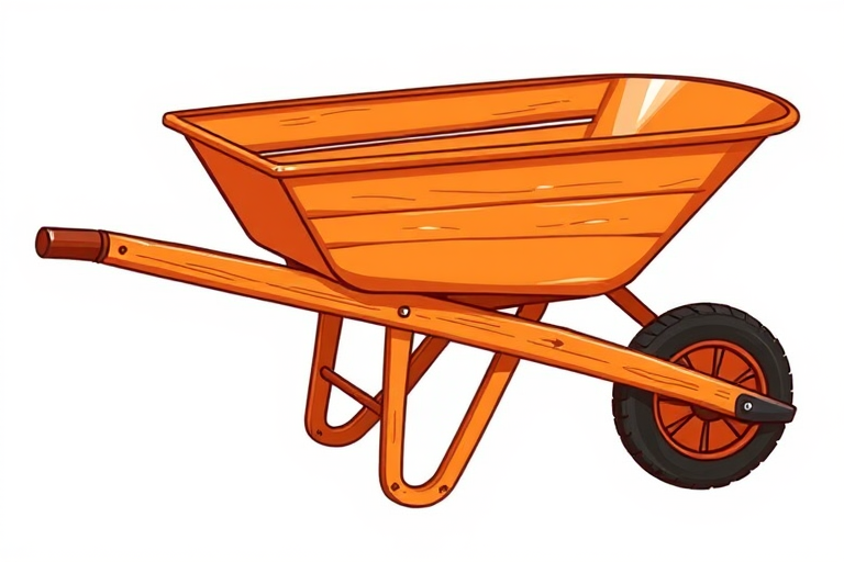 Create an illustration of a wooden wheelbarrow with an orange body and brown wooden slats, set against a white background, captured from a side view using a DSLR camera with a 50mm lens, aperture f/2.8, shutter speed 1/250s, and ISO 100 for enhanced clarity and detail.