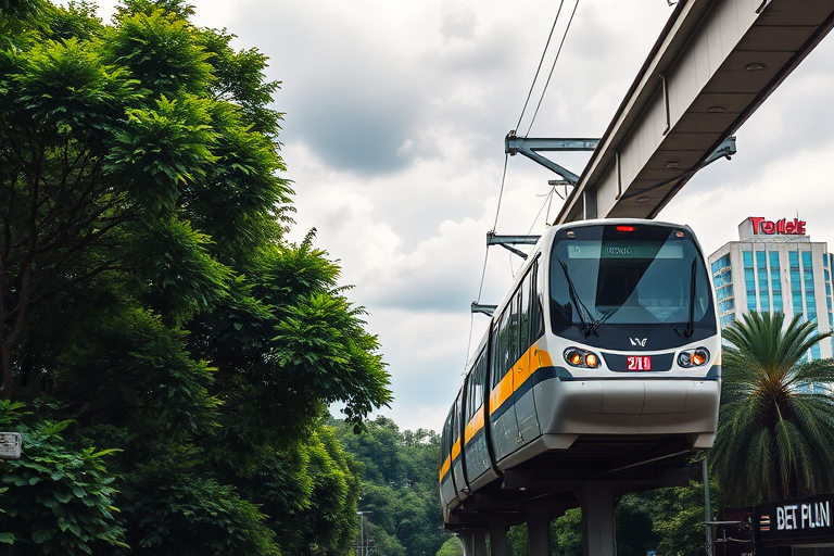 generate an image of an elevated monorail train in a lush green urban setting with a cloudy sky, captured with a DSLR camera at f/8, ISO 200, shutter speed 1/250s, wide-angle lens, at a 35mm focal length, focusing on the train with a slight upward angle for perspective enhancement
