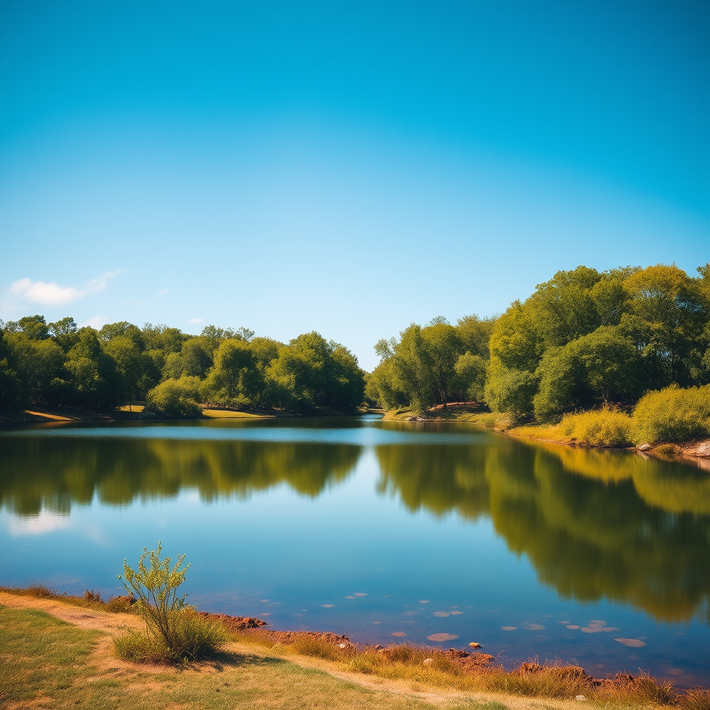 Create a high-resolution image of a serene landscape featuring a tranquil lake surrounded by lush trees under a clear blue sky, using a DSLR camera, 50mm lens, f/8 aperture, ISO 100, and a shutter speed of 1/100 sec for optimal clarity and depth.
