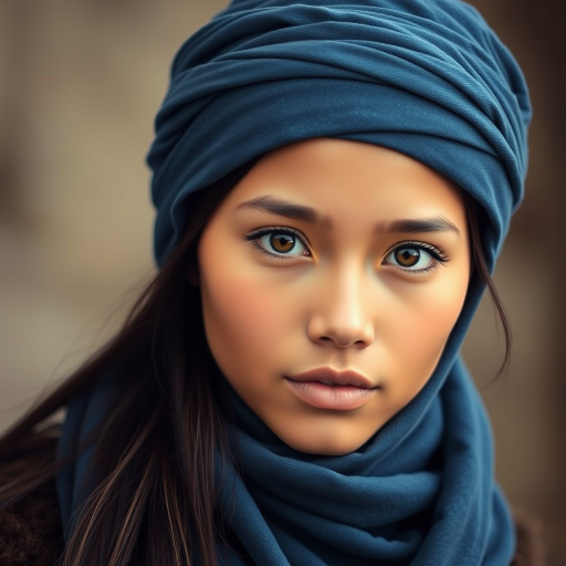 Create a portrait of a young Mongolian woman with long, dark hair and captivating hazel eyes. She is wearing a blue headscarf and a matching scarf draped gracefully around her neck. The background is softly blurred, focusing attention on her serene and natural expression. The overall color palette is muted and warm, enhancing the intimate and authentic feel of the portrait.