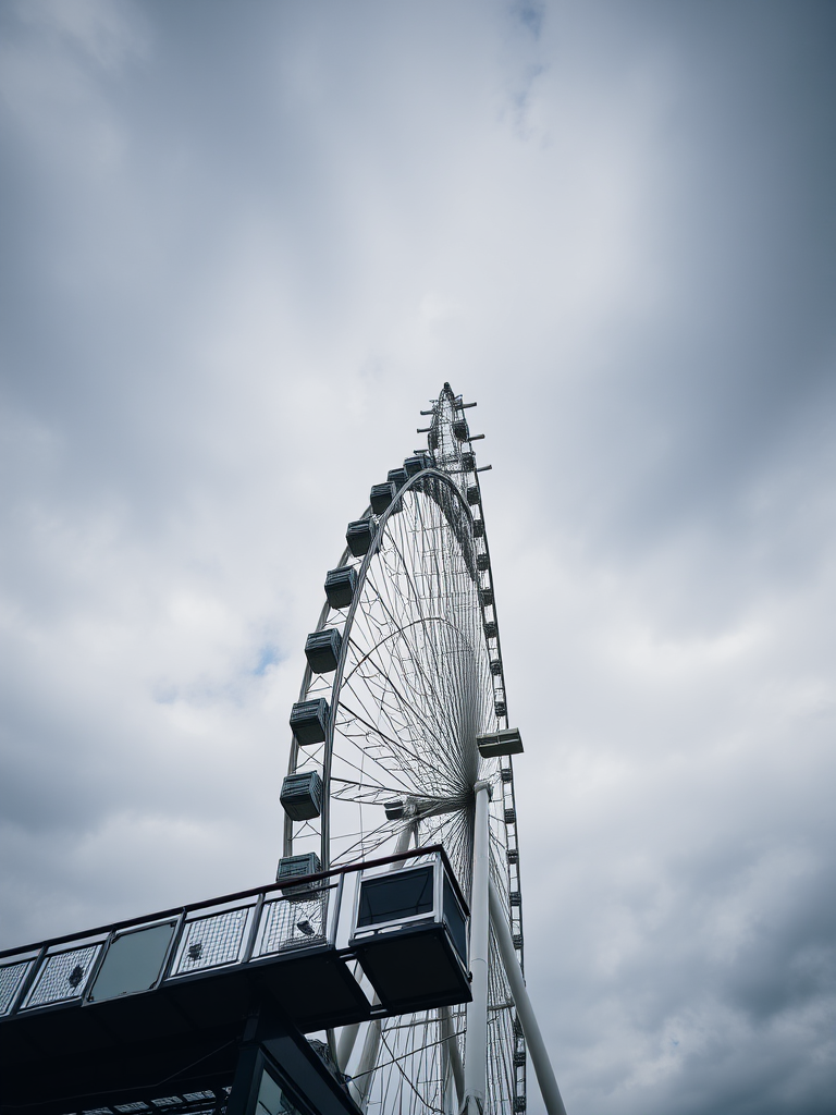 High-resolution photograph of a Ferris wheel against a cloudy sky, taken with a DSLR camera, 50mm lens, aperture f/4, ISO 100, shutter speed 1/200s, shot from a low angle to emphasize the height and detail of the structure.
