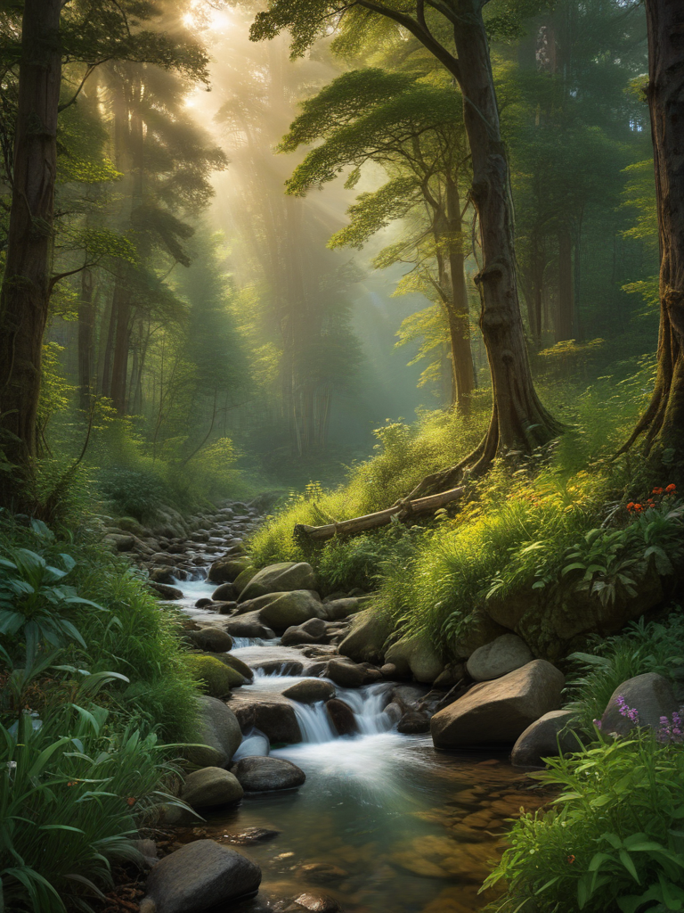 Tranquil Forest Scene with Gentle Stream and Sunlight Filtering Through ...