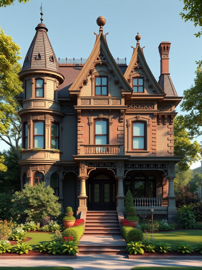 regenerate a detailed 3D rendering of a Victorian house with intricate architectural features and a lush surrounding garden, camera settings: aperture f/8, ISO 100, shutter speed 1/60, camera view: frontal angle with slightly elevated perspective, camera style: realistic lighting with natural shadows, camera type: DSLR