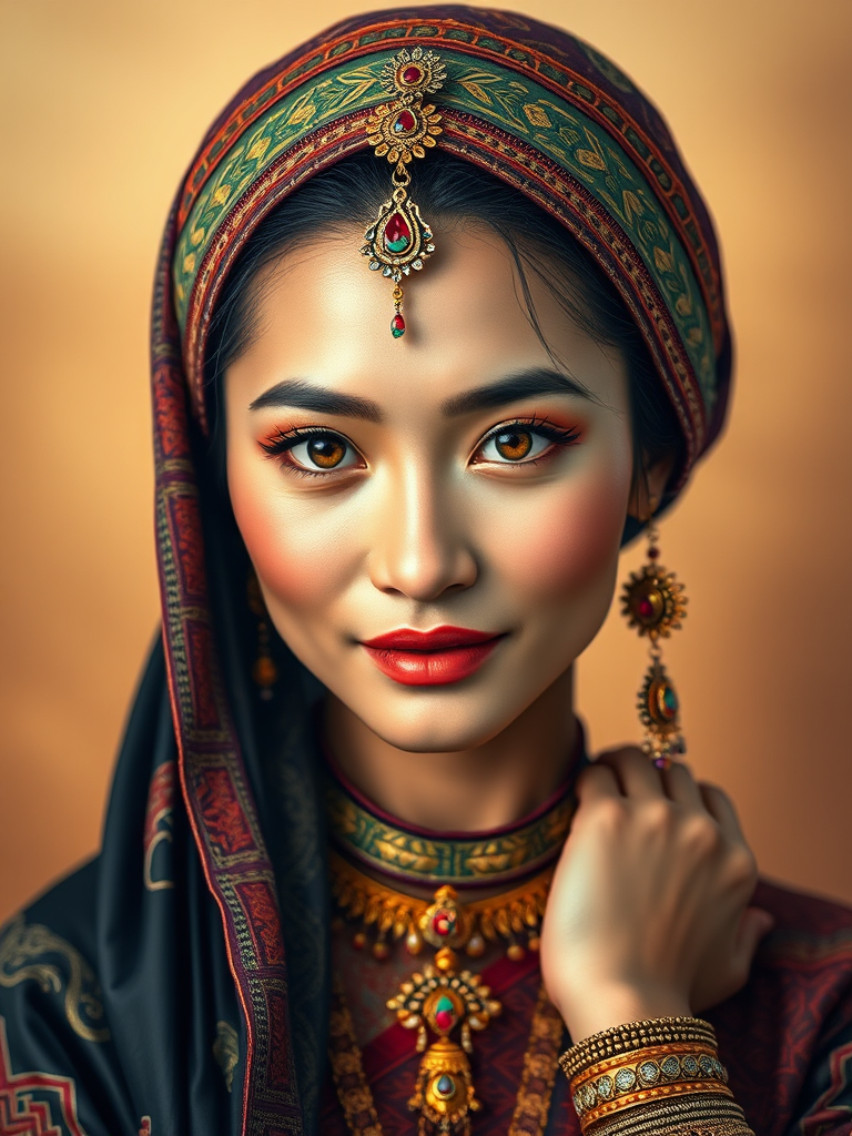 Create a portrait of a beautiful Thai woman with striking orange eyes and a gentle expression. She is adorned in traditional attire with intricate patterns, including a richly embroidered headscarf and matching garments. Her jewelry includes a delicate headpiece, dangling earrings, and ornate bracelets, all featuring vibrant gemstones and detailed metalwork. The background is soft and warm, enhancing the rich colors of her outfit and jewelry.