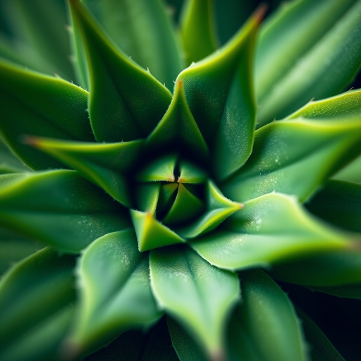 macro photograph of a star-shaped green plant with sharp edges, shallow depth of field, 100mm macro lens, f/2.8, ISO 200, natural light, taken from a low angle for emphasis on detail, DSLR camera