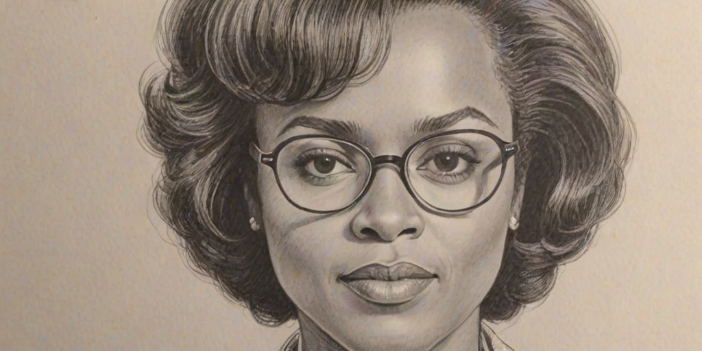 Fetching Anita Hill, pencil sketch, portrait of Stunning woman 1975s in glasses, hair style beatnik, outline, clear lines, fine lines, 8k
