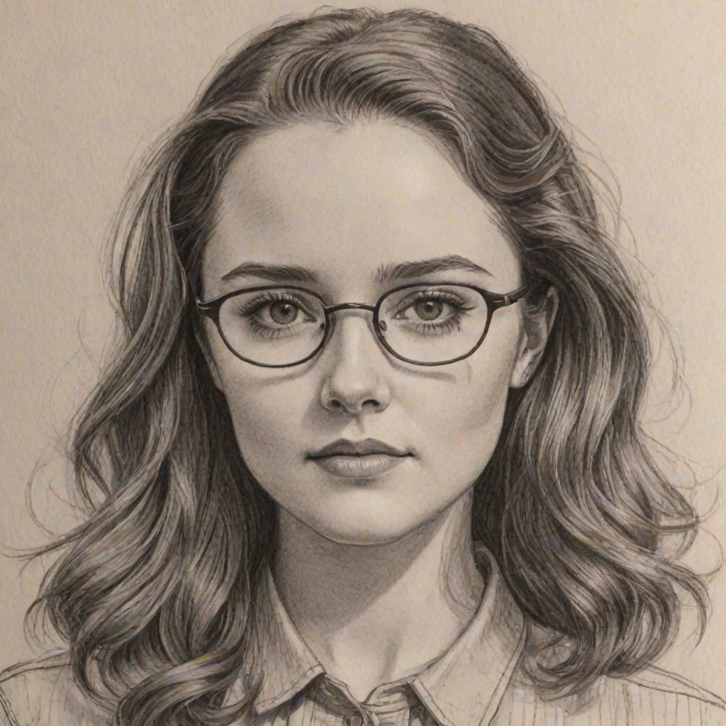 Fascinating Madison Davenport, pencil sketch, portrait of Stunning woman 1943s in glasses, hair style beatnik, outline, clear lines, fine lines, 8k
