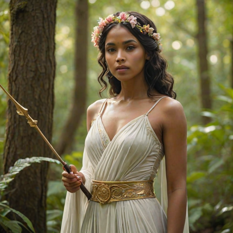Create a portrait of a goddess-like Indo-Caribbean girl figure in a tranquil, forested environment. She has an elegant appearance with long, wavy hair styled in an updo and adorned with a delicate, floral headband. She wears a flowing, ancient Greek-inspired gown in a soft, pale color, featuring a one-shoulder design and draped fabric that accentuates her graceful form. The outfit includes a decorative belt with ornate gold detailing, and she holds a bow in her hand, with a quiver of arrows slung over her shoulder. The background depicts lush greenery, with sunlight filtering through the trees, casting a gentle, ethereal light on the scene. Her expression is calm and contemplative, embodying a sense of wisdom and serenity.