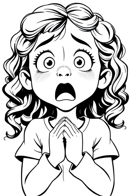 The image is a black and white illustration of a young girl with curly hair. She has a surprised expression on her face with her mouth open and her hands clasped together in front of her chest. Her eyes are wide and her eyebrows are furrowed. Her hair is styled in loose curls that are cascading down her back. The overall mood of the image is one of shock or surprise.
