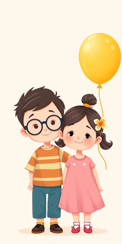 Create a high-quality illustration of two cartoon children, a boy with glasses and a girl with a flower in her hair, standing together with a yellow balloon, soft pastel background, shot in a whimsical style using a digital camera with a 50mm lens, aperture set to f/2.8 for a shallow depth of field, ISO 100 for minimal noise, and a soft lighting effect.
