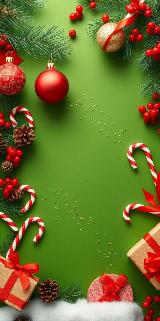 Create a festive holiday scene featuring a green background adorned with Christmas ornaments, candy canes, pine cones, and red berries. Include wrapped gifts and a cozy atmosphere that evokes the spirit of the season.