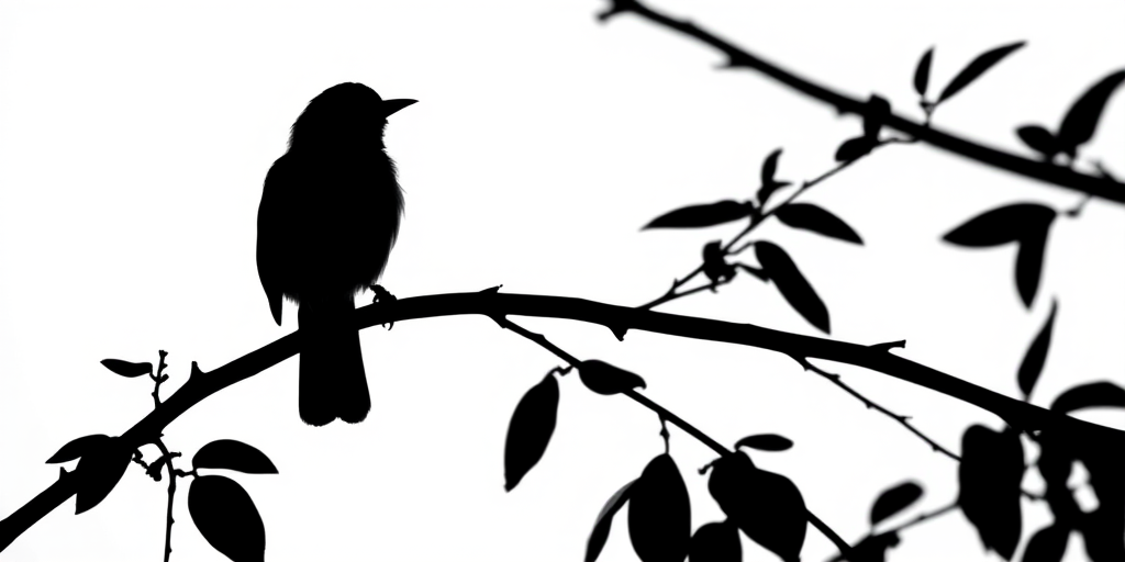 Generate a high-resolution black silhouette of a bird perched on a branch against a white background, shot with a Canon EOS R5, 85mm lens, aperture f/2.8, shutter speed 1/200s, ISO 100, in soft natural light.