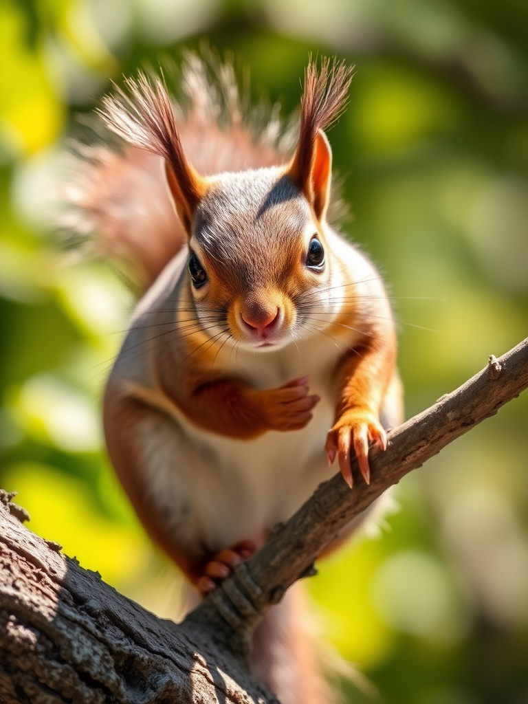Capture a sharp close-up of a squirrel perched on a branch in natural sunlight, using a Canon EOS 90D with an f/2.8 aperture, ISO 200, 1/500s shutter speed, in a 50mm lens to enhance detail and depth of field, with a shallow focus on the squirrel against a softly blurred background of green foliage.